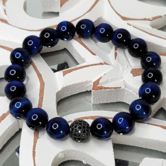 10mm Polished Dark Blue Tiger Eye Crystal Ball Stretch Bracelet - Picture 4 of 11